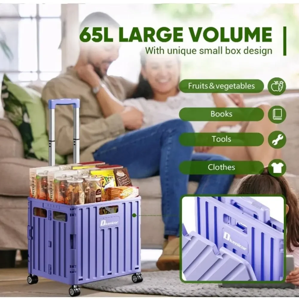 Folding Utility Cart Rolling Collapsible Shopping Crate Purple